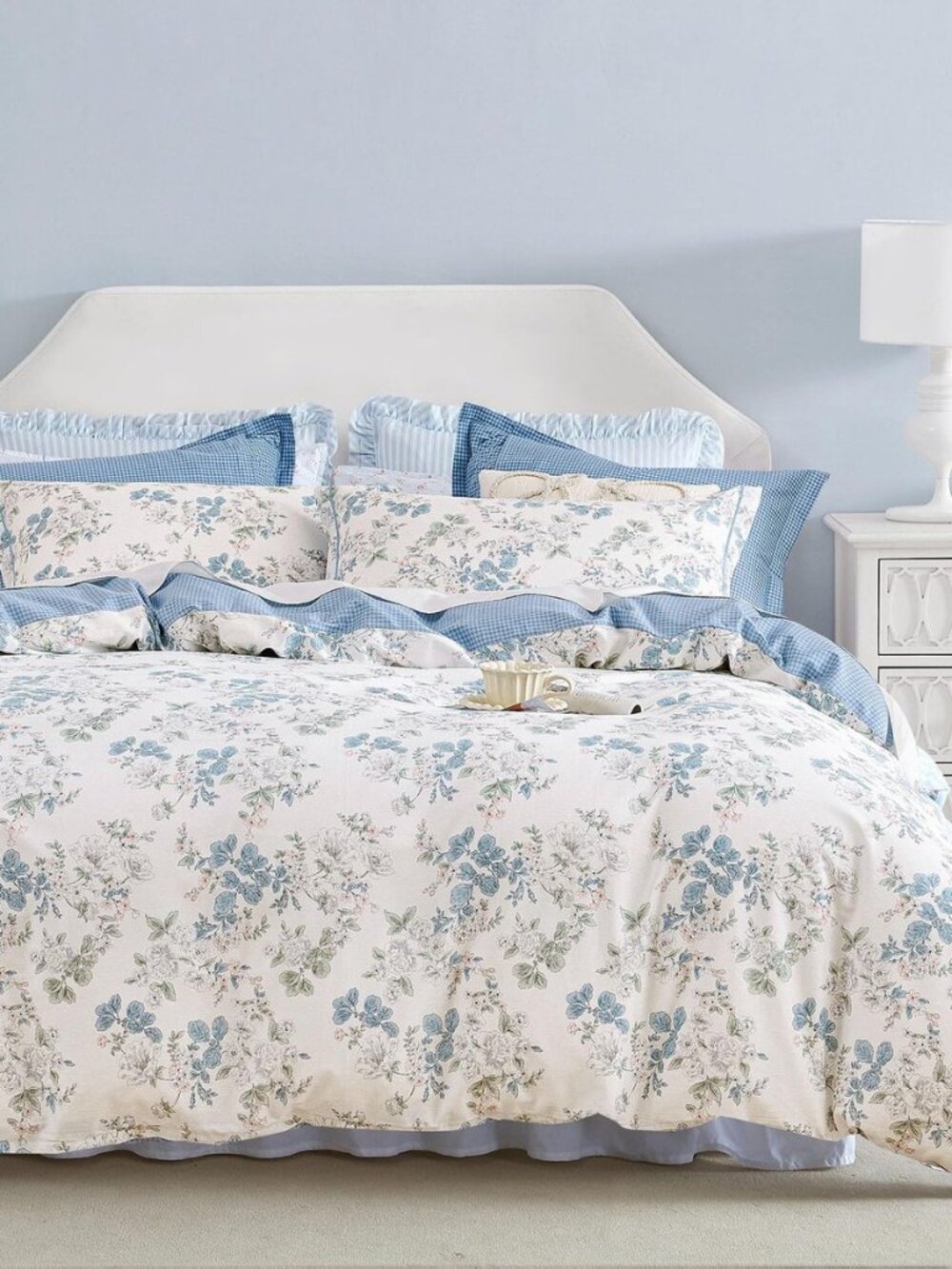 Delicate Pastel Blue Floral Cotton Duvet Cover Set King Size 3PC